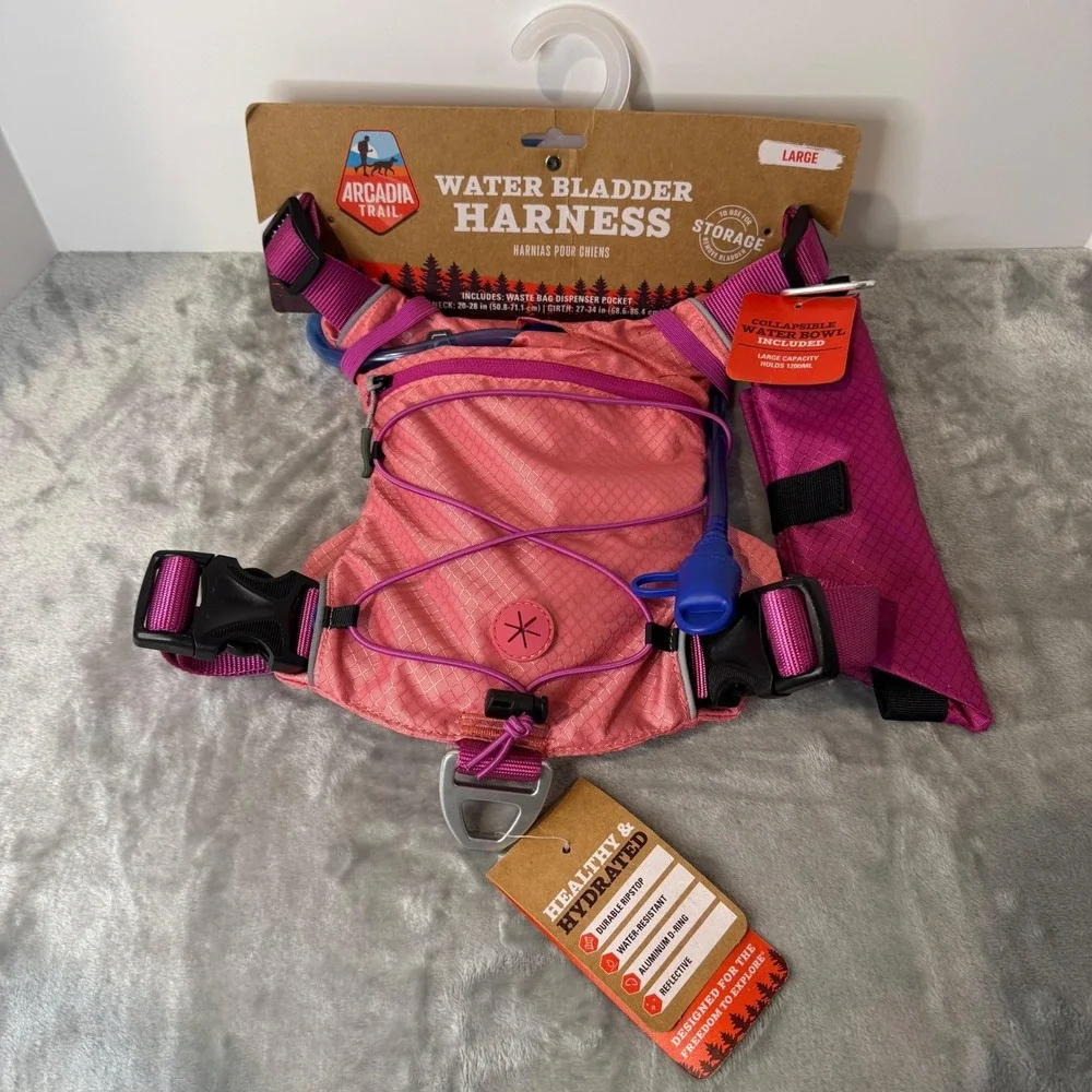 Dog Harness Arcadia Trail Water Bladder Hydration Set Pink Large Bowl New‎